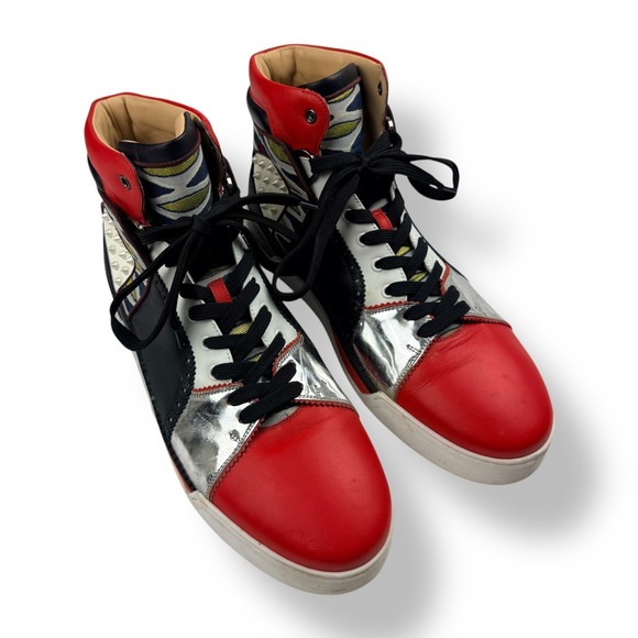 Christian Louboutin Mens Red Silver Black Geometric Studded High Top Sneakers 48